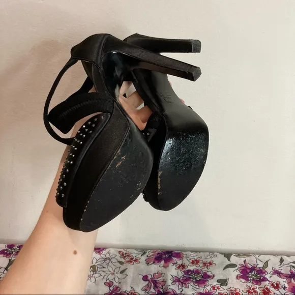 Nina New York Black Satin Rhinestone Platform Strap Heels