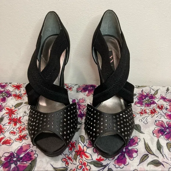 Nina New York Black Satin Rhinestone Platform Strap Heels