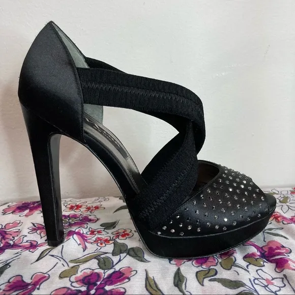 Nina New York Black Satin Rhinestone Platform Strap Heels