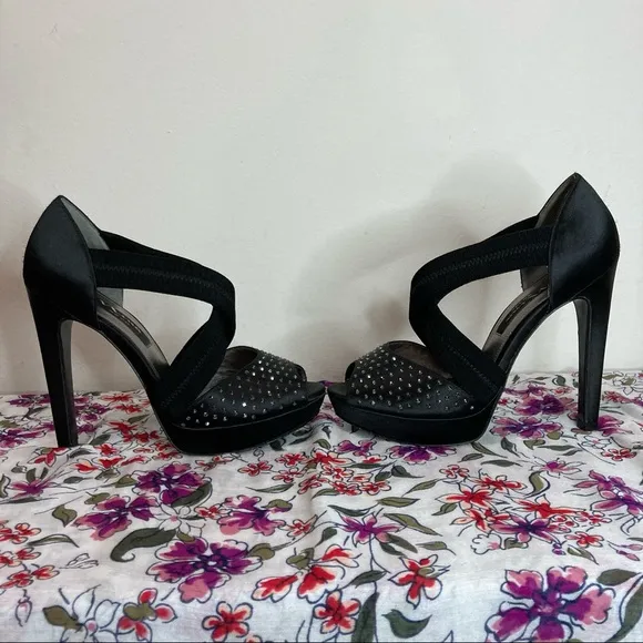 Nina New York Black Satin Rhinestone Platform Strap Heels