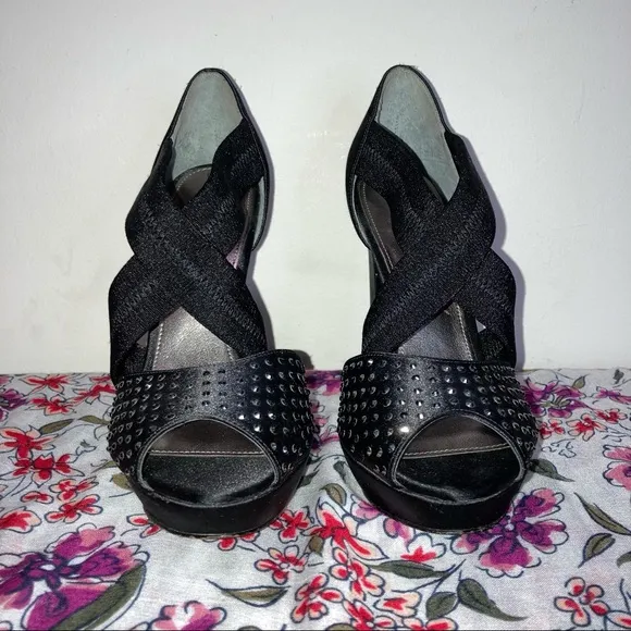 Nina New York Black Satin Rhinestone Platform Strap Heels
