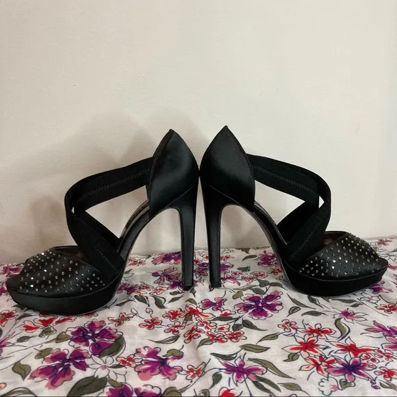 Nina New York Black Satin Rhinestone Platform Strap Heels