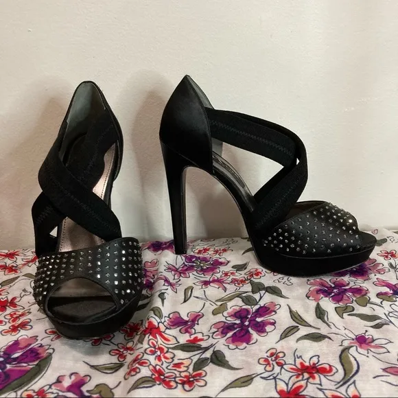 Nina New York Black Satin Rhinestone Platform Strap Heels