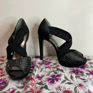 Nina New York Black Satin Rhinestone Platform Strap Heels