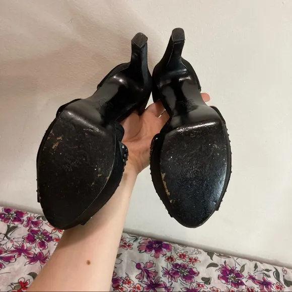 Nina New York Black Satin Rhinestone Platform Strap Heels
