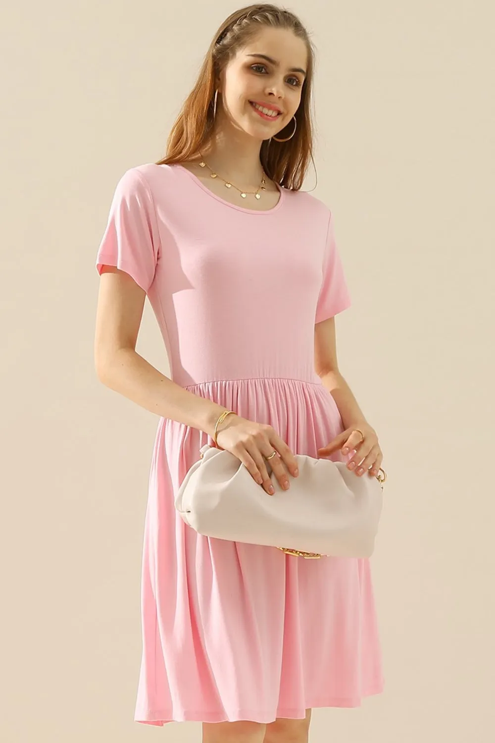 Ninexis Full Size Round Neck Ruched Dress