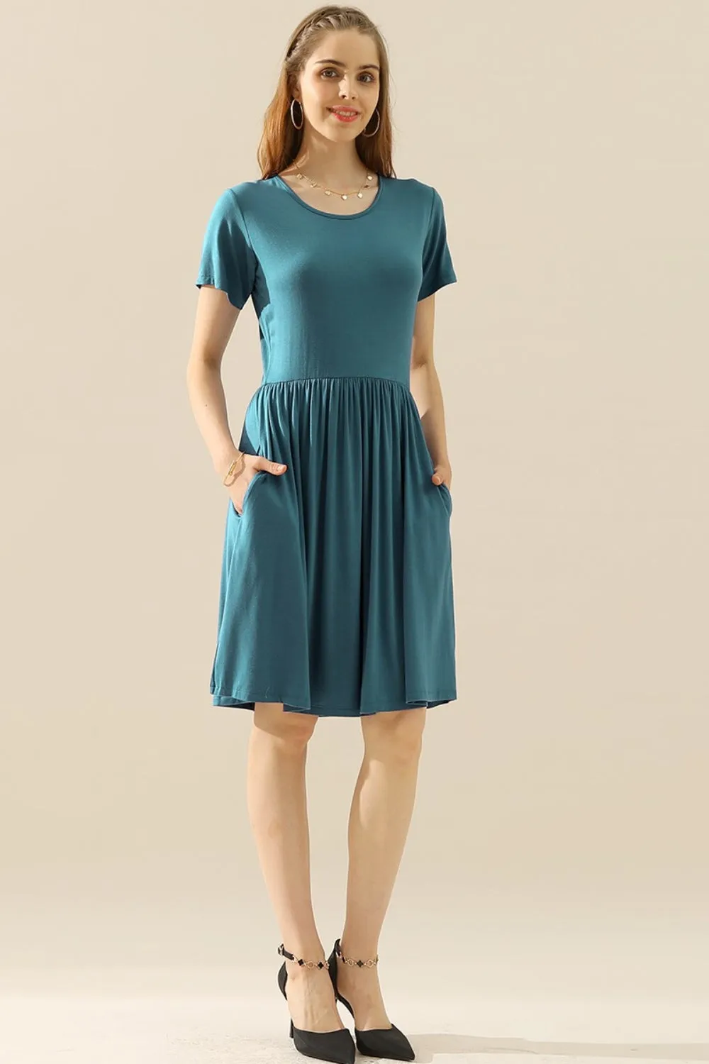 Ninexis Full Size Round Neck Ruched Dress