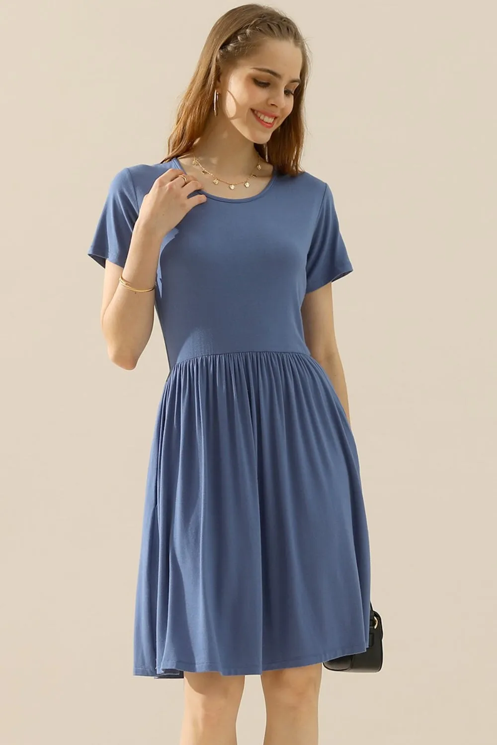 Ninexis Full Size Round Neck Ruched Dress