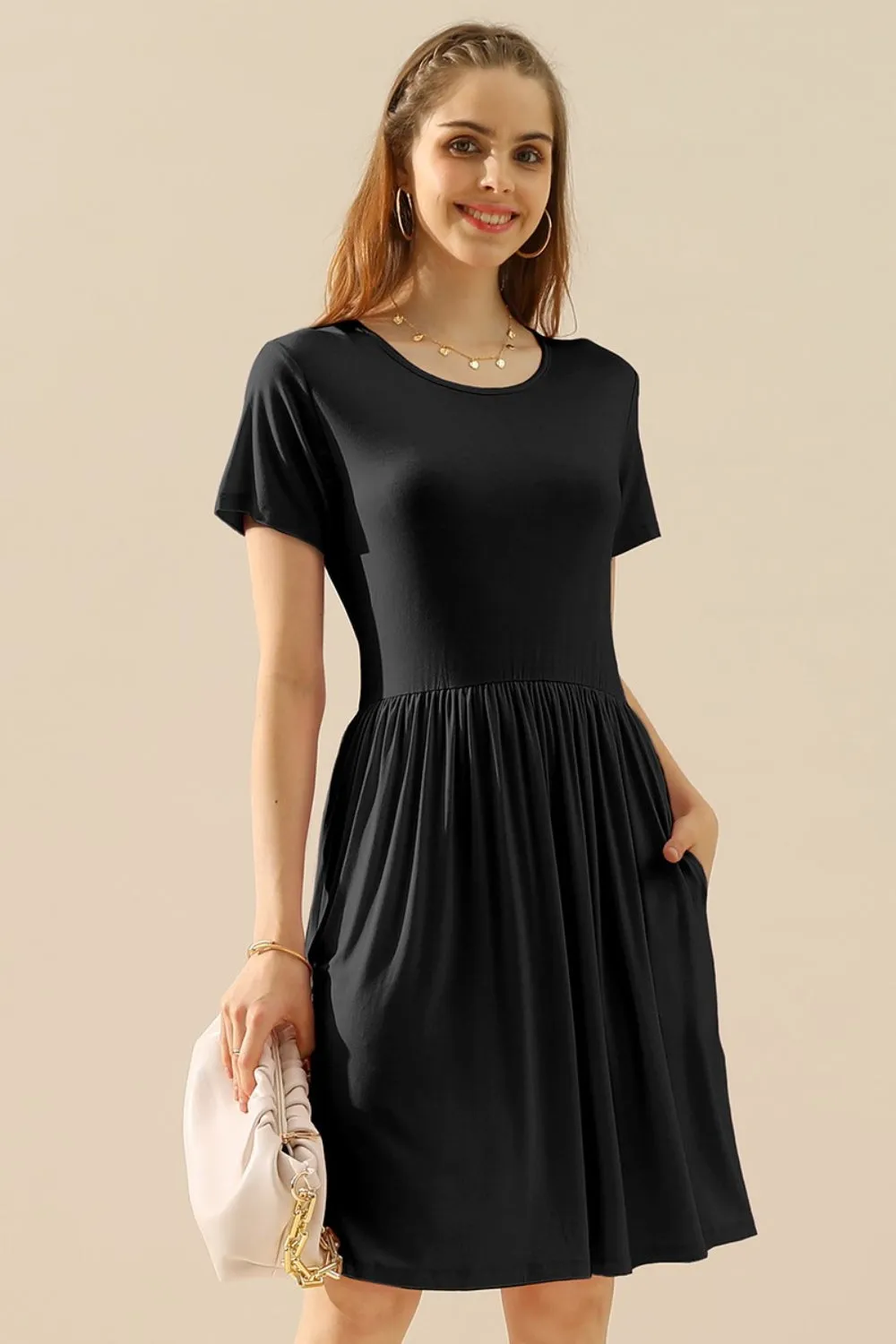 Ninexis Full Size Round Neck Ruched Dress