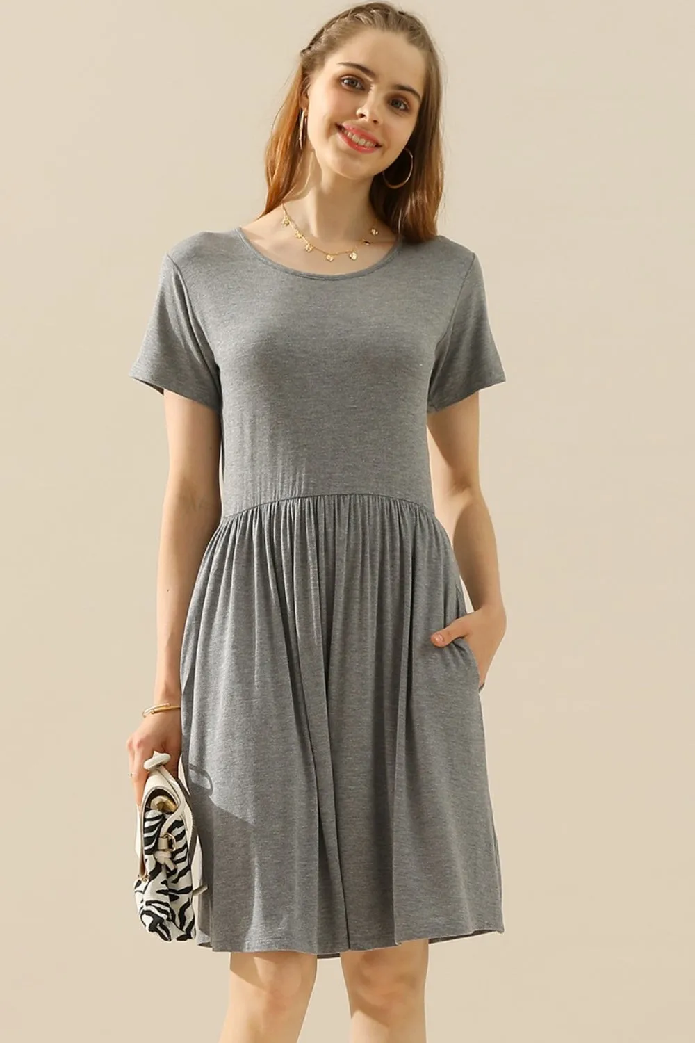 Ninexis Full Size Round Neck Ruched Dress
