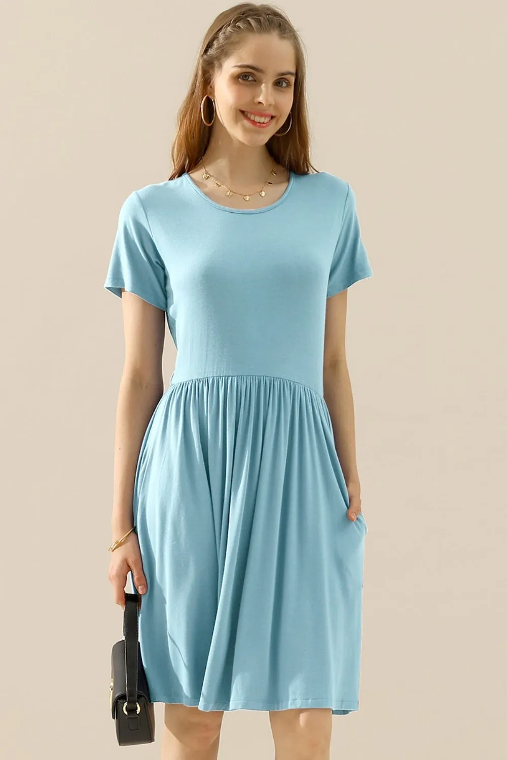 Ninexis Full Size Round Neck Ruched Dress