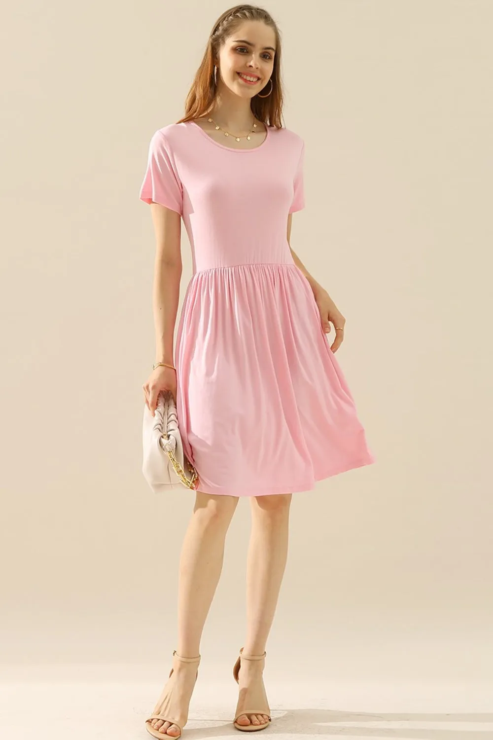 Ninexis Full Size Round Neck Ruched Dress