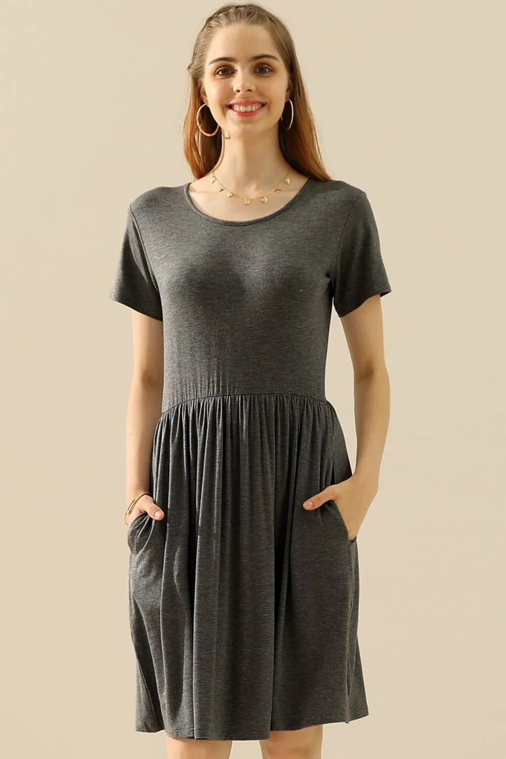 Ninexis Full Size Round Neck Ruched Dress