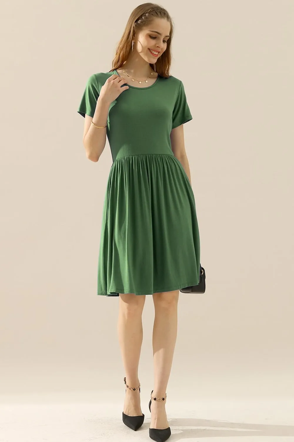 Ninexis Full Size Round Neck Ruched Dress