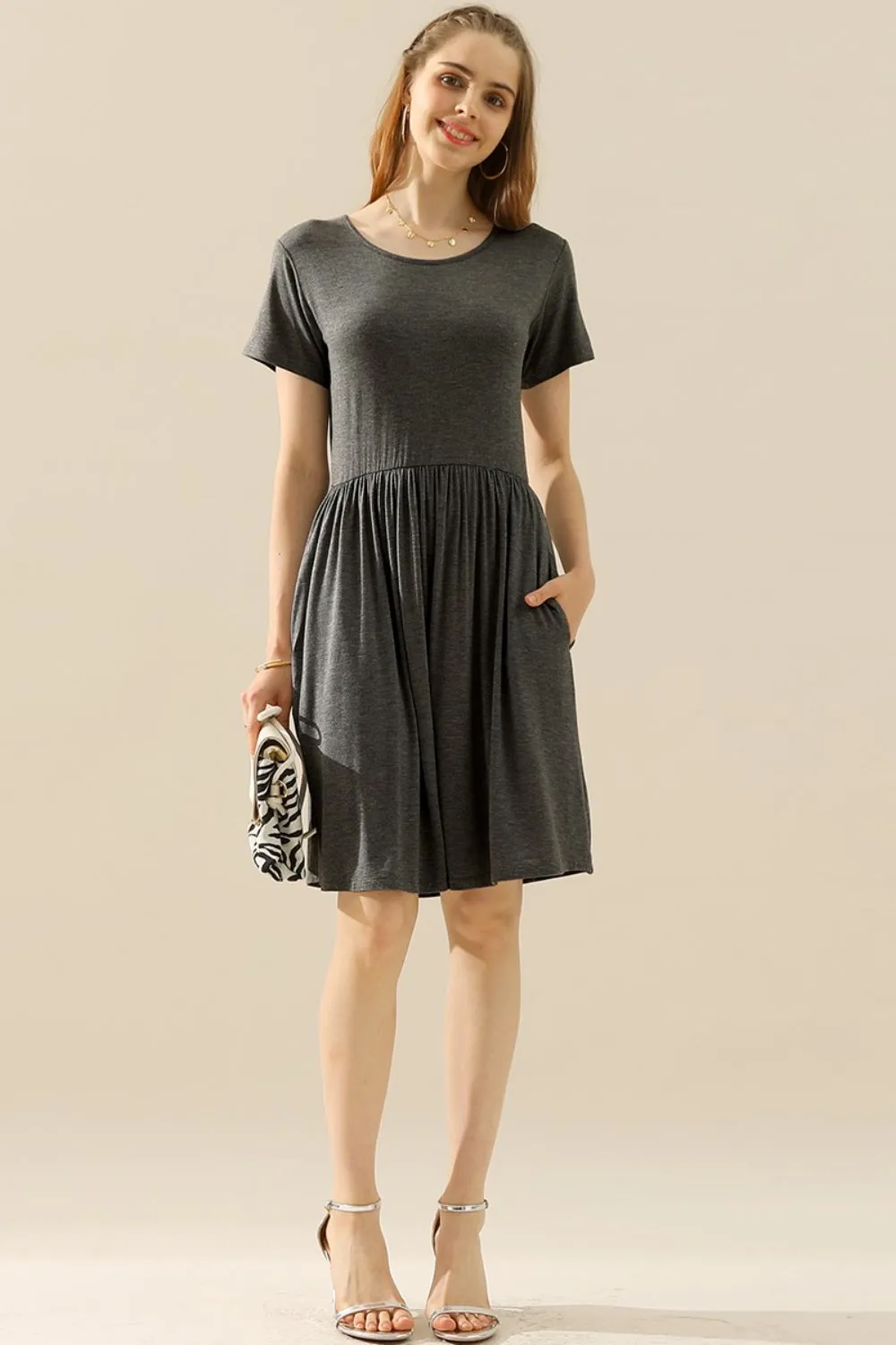 Ninexis Full Size Round Neck Ruched Dress