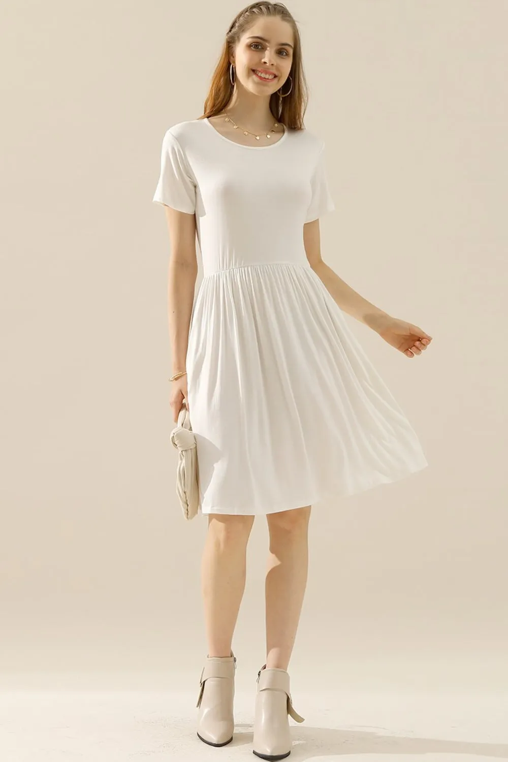 Ninexis Full Size Round Neck Ruched Dress