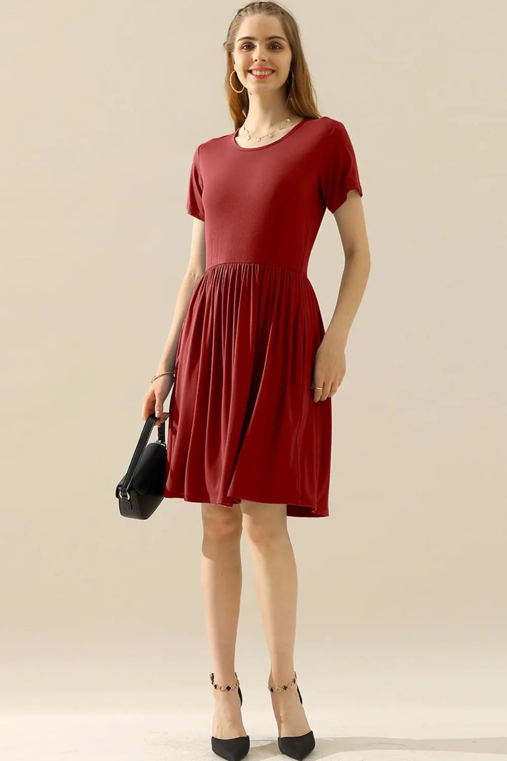 Ninexis Full Size Round Neck Ruched Dress
