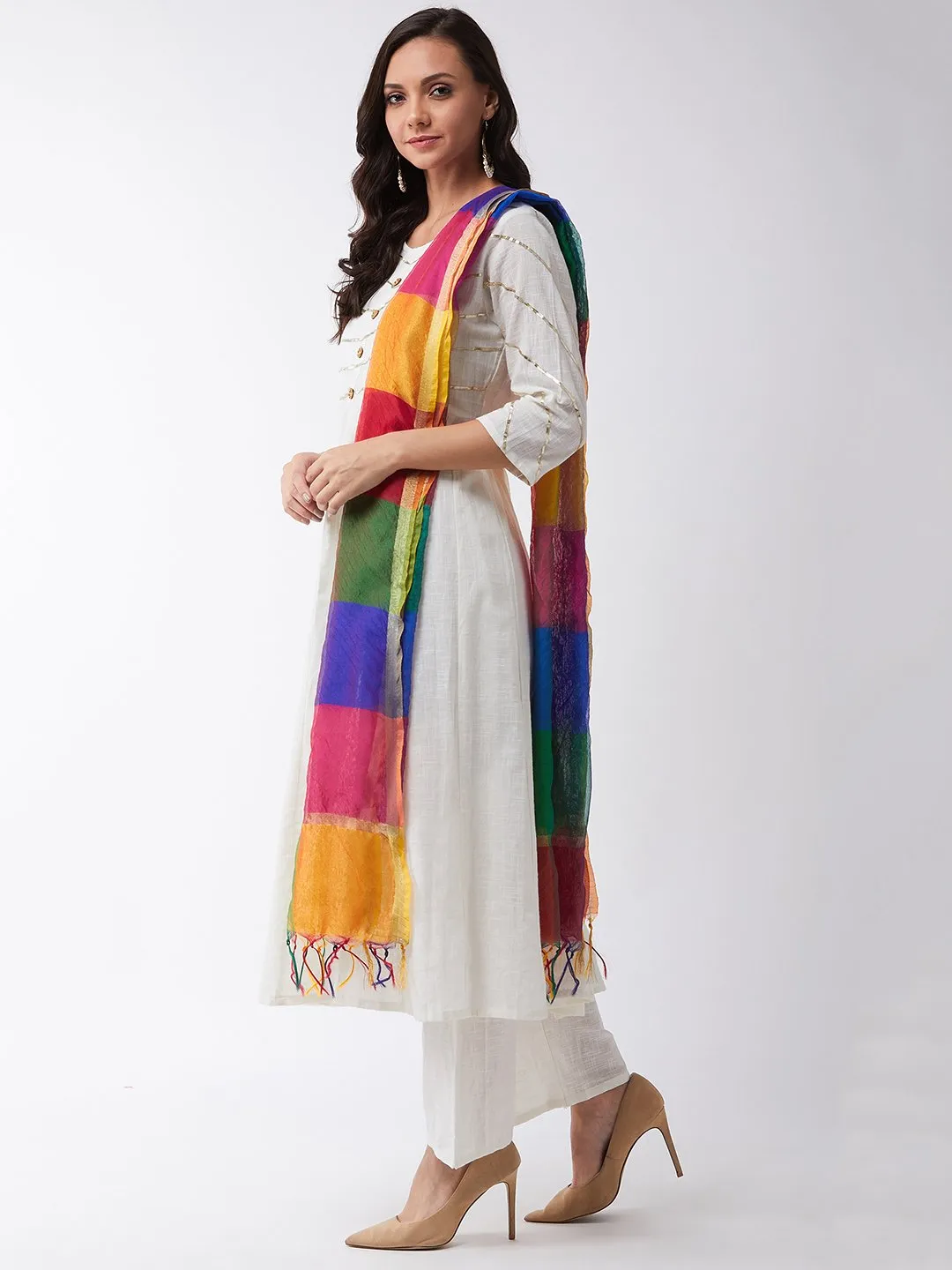 Off White Gota Work Kurta Set With Dupatta