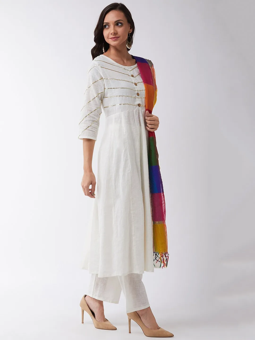 Off White Gota Work Kurta Set With Dupatta