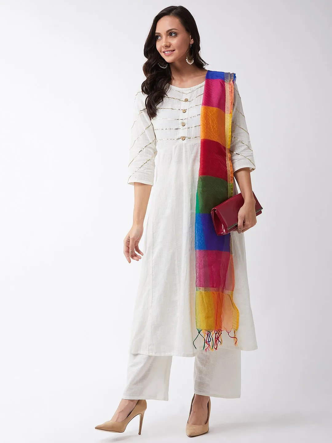 Off White Gota Work Kurta Set With Dupatta