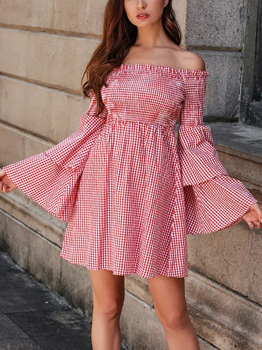 One-neck Plaid Double-sleeve Sleeveless Strapless Dress