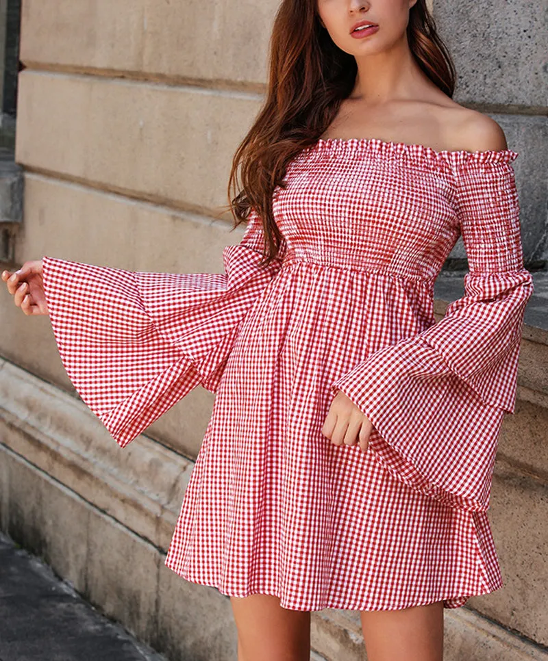 One-neck Plaid Double-sleeve Sleeveless Strapless Dress