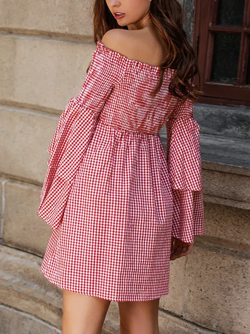 One-neck Plaid Double-sleeve Sleeveless Strapless Dress