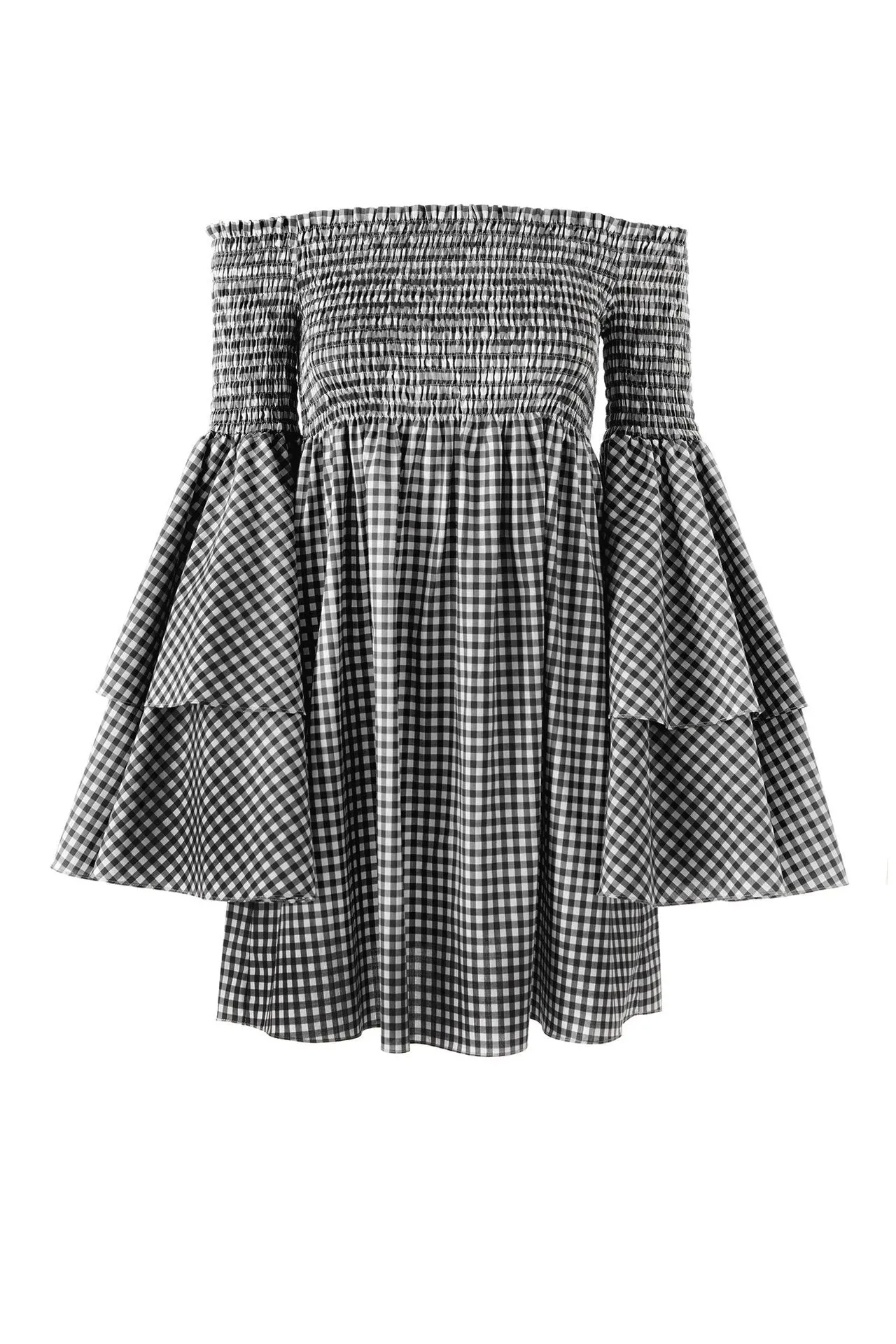 One-neck Plaid Double-sleeve Sleeveless Strapless Dress
