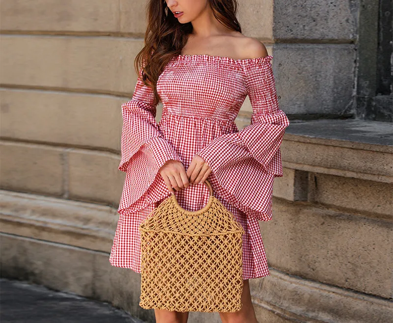One-neck Plaid Double-sleeve Sleeveless Strapless Dress