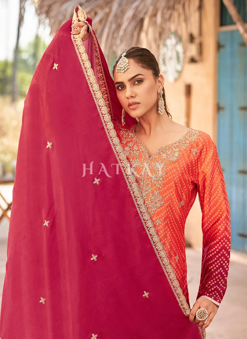 Orange And Crimson Embroidery Pakistani Pant Suit