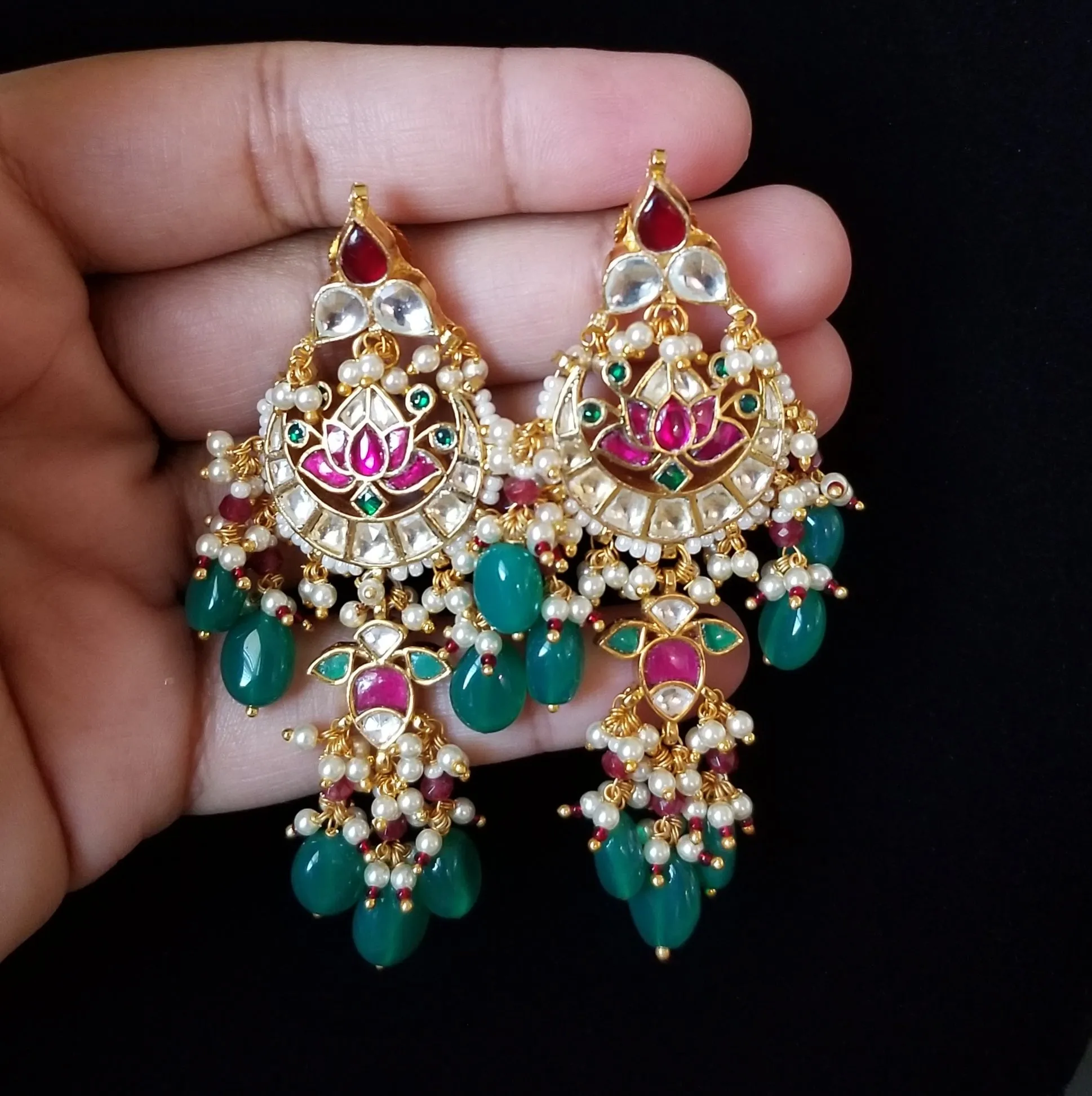 Pachi Kundan Long Lotus Earrings HA72