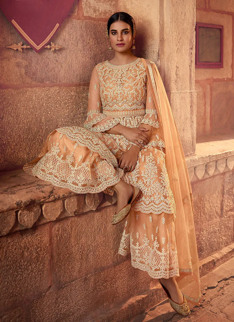 Pastel Orange Embroidered Designer Gharara Suit