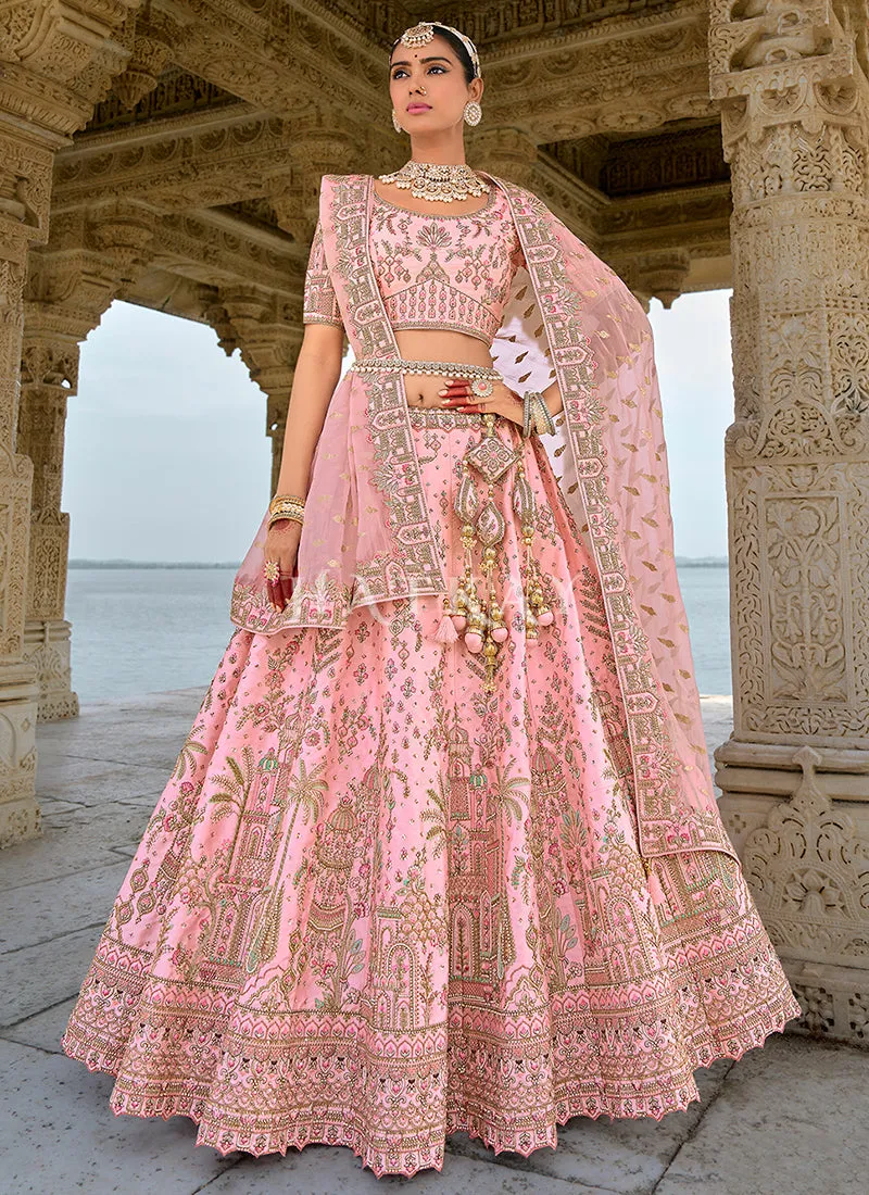 Peach And Teal Traditional Embroidery Bridal Lehenga Choli