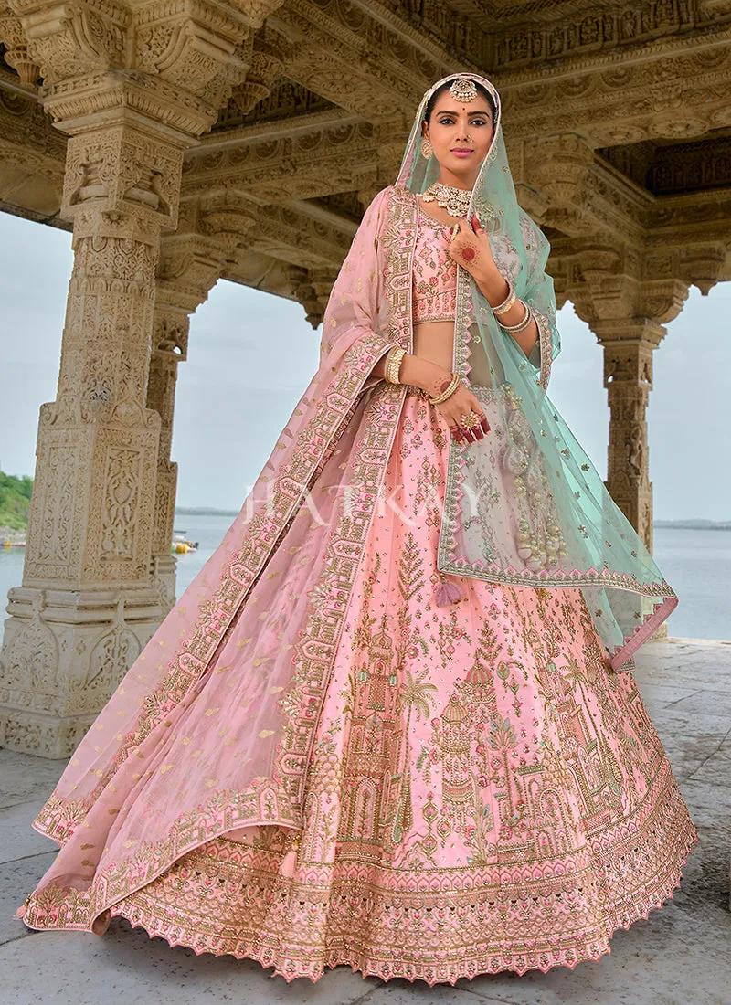 Peach And Teal Traditional Embroidery Bridal Lehenga Choli