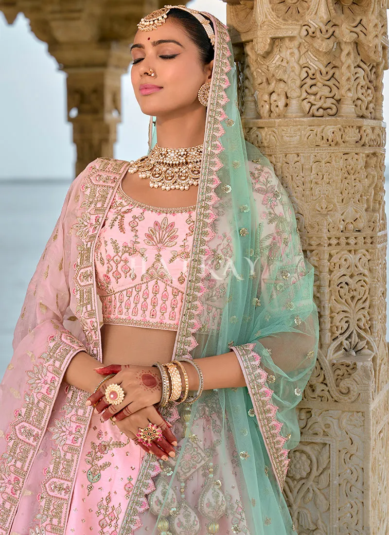 Peach And Teal Traditional Embroidery Bridal Lehenga Choli