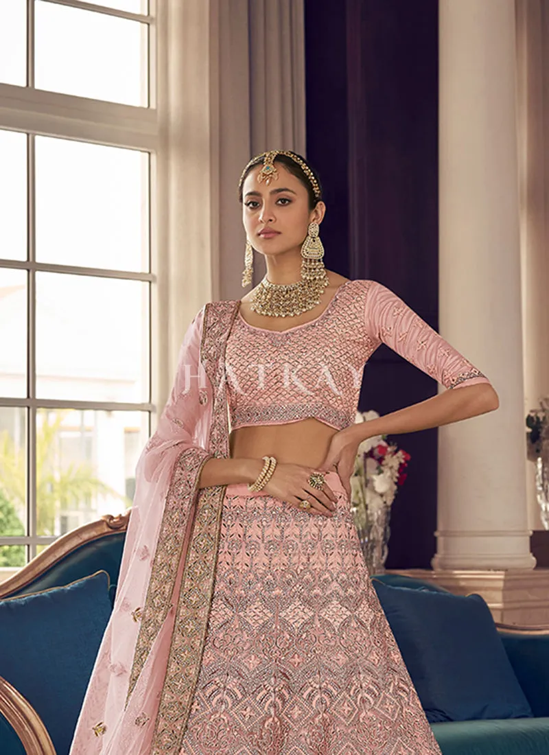Peach Zari Embroidered Wedding Lehenga Choli