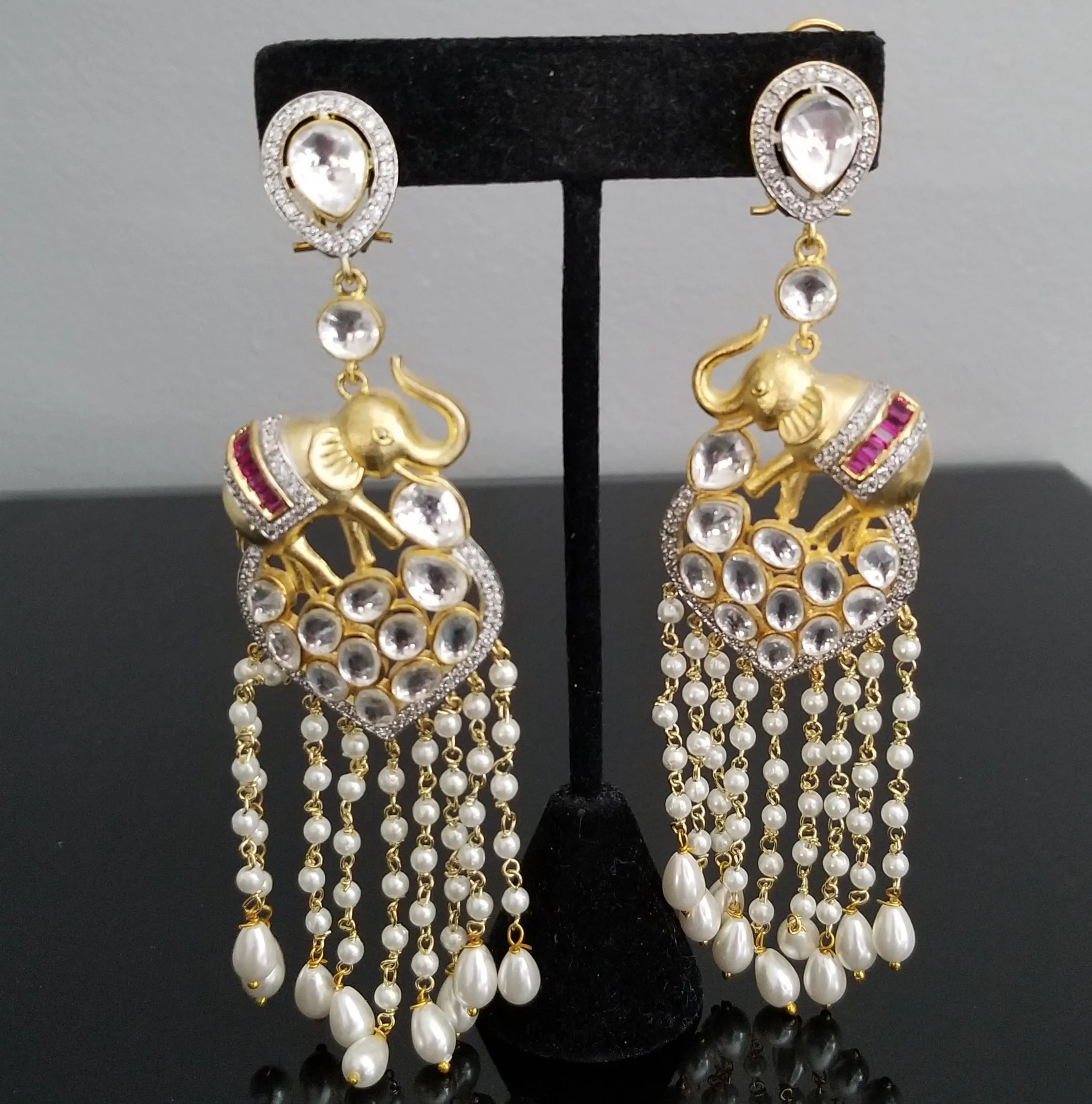Pearl Tassel Elephant Design Kundan Long Earrings DT16