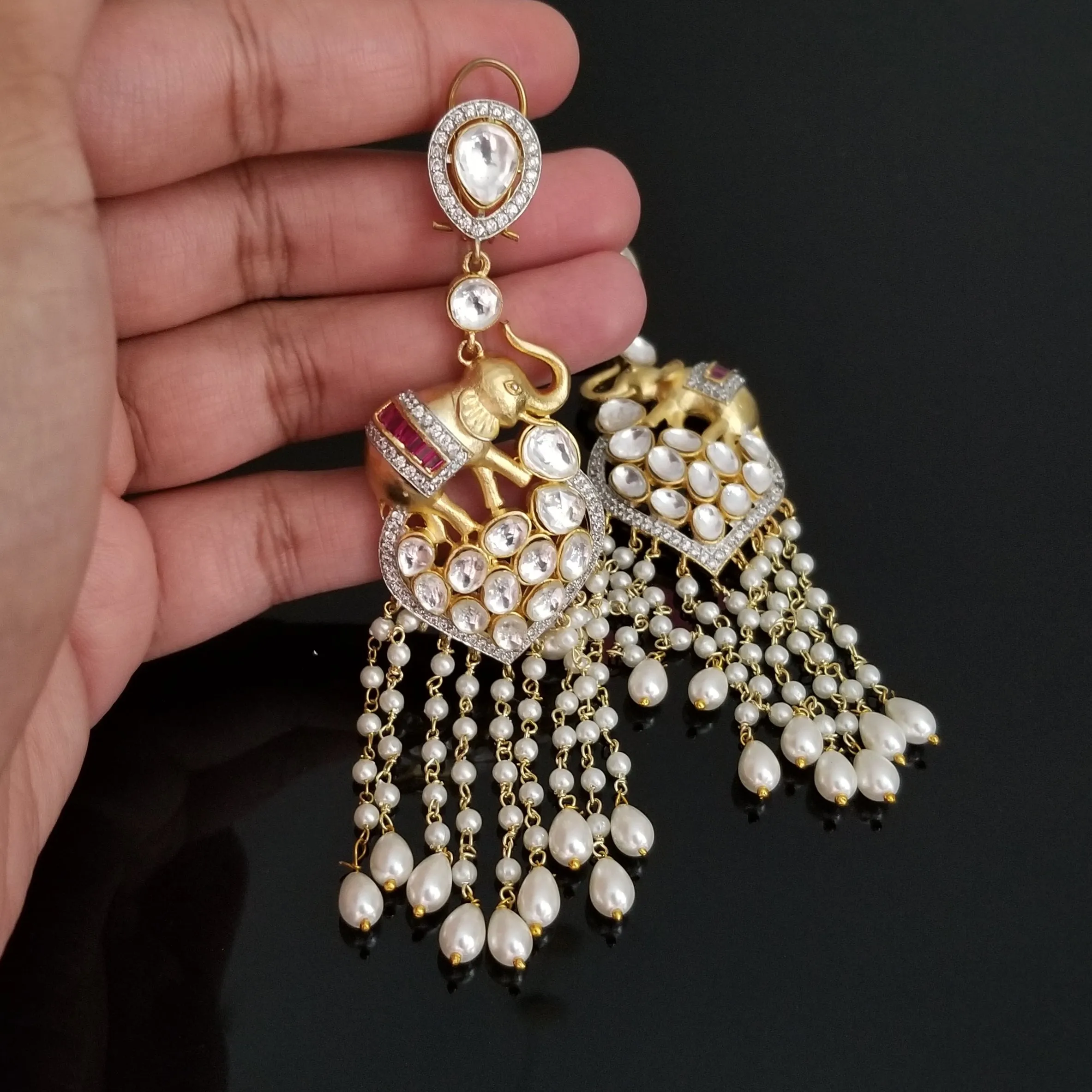 Pearl Tassel Elephant Design Kundan Long Earrings DT16