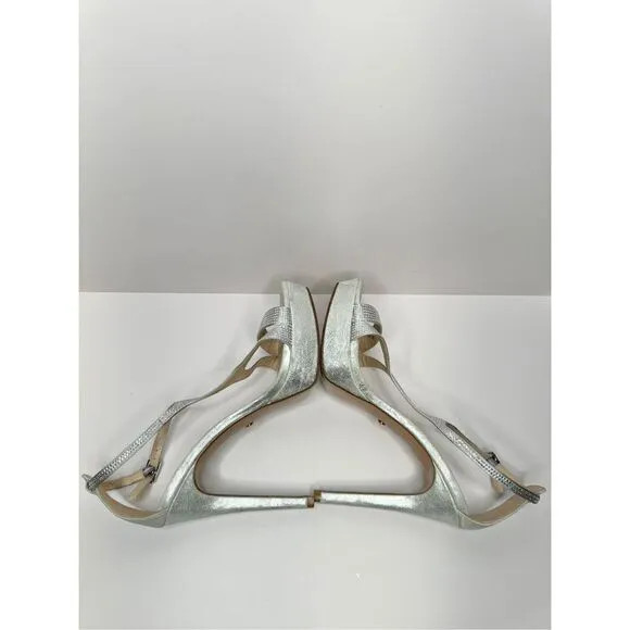Pelle Moda Onora Sandal Size 9 Silver Metallic Suede Ankle Strap Rhinestone