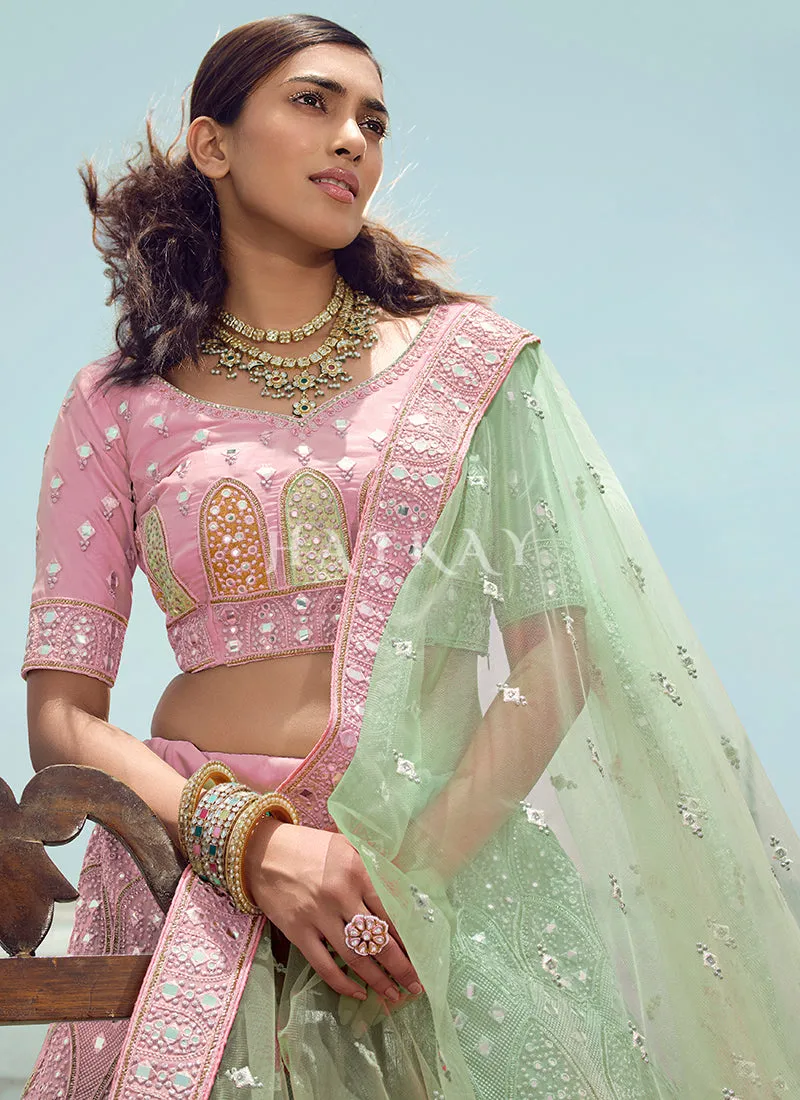 Pink And Mint Zarkan Embroidered Designer Lehenga Choli