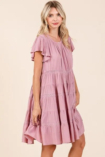Pink Lace Detail Ruffled Button Down Tiered Dress