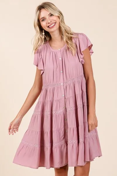 Pink Lace Detail Ruffled Button Down Tiered Dress