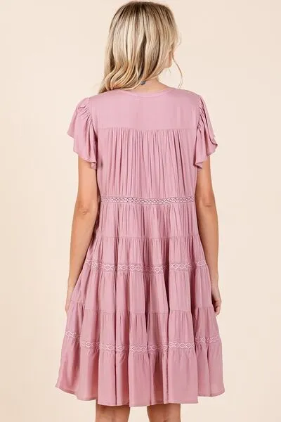 Pink Lace Detail Ruffled Button Down Tiered Dress