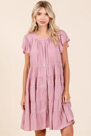 Pink Lace Detail Ruffled Button Down Tiered Dress