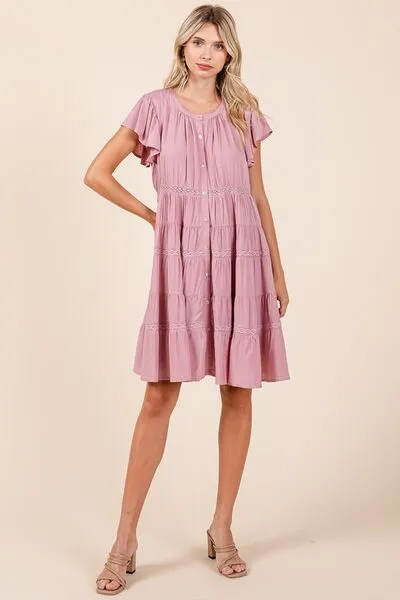 Pink Lace Detail Ruffled Button Down Tiered Dress