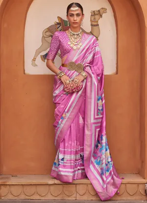 Pink Multi Digital Printed Fancy Floral Silk Saree