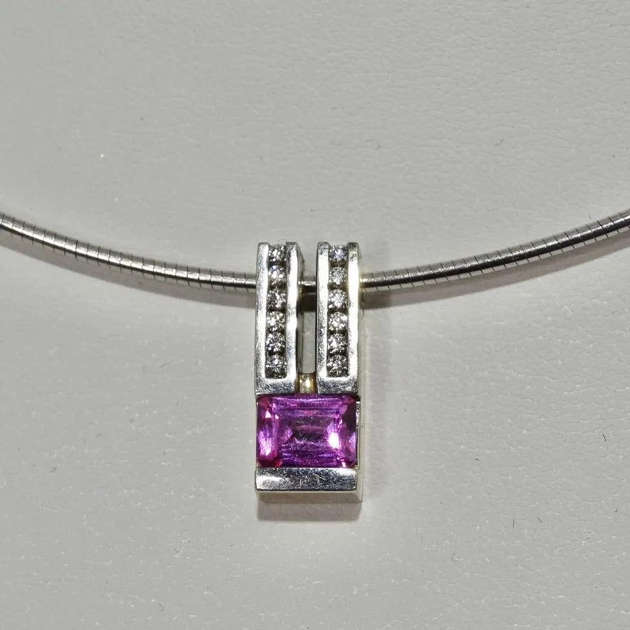 Pink Sapphire Diamond Necklace 1980s 14K Gold