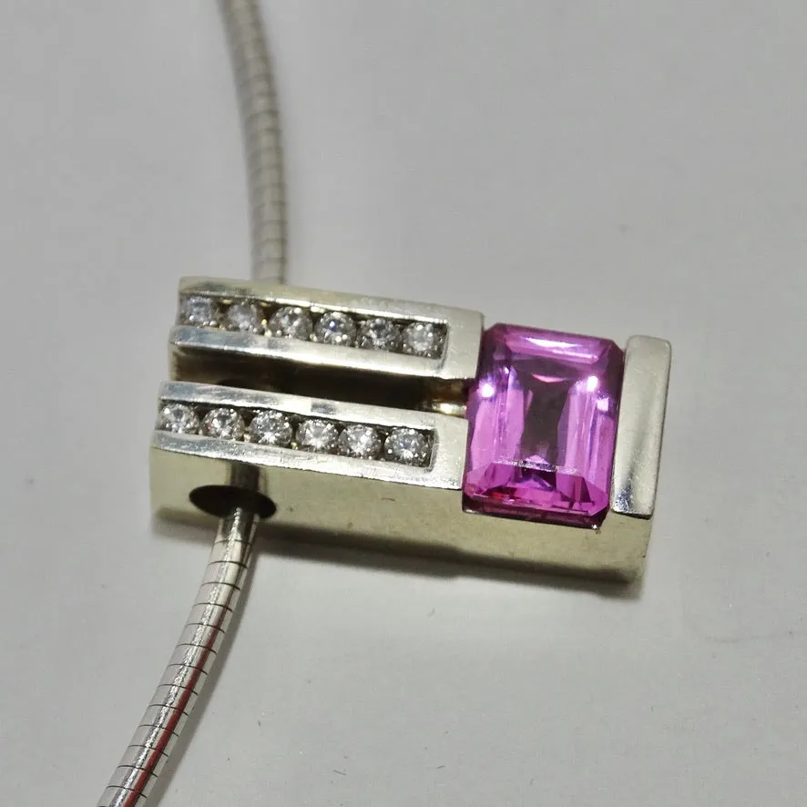 Pink Sapphire Diamond Necklace 1980s 14K Gold
