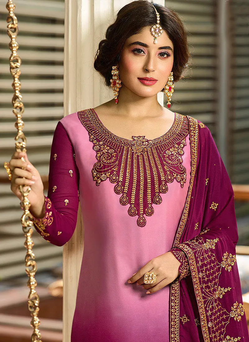 Pink Shaded Multi Embroidered Designer Pakistani Pant Suit