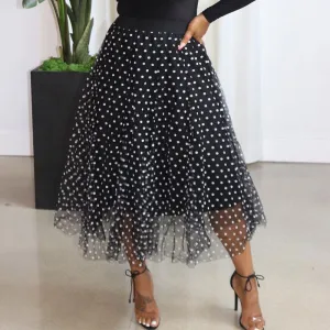 Polka Dot Print High Waist Mesh Skirt